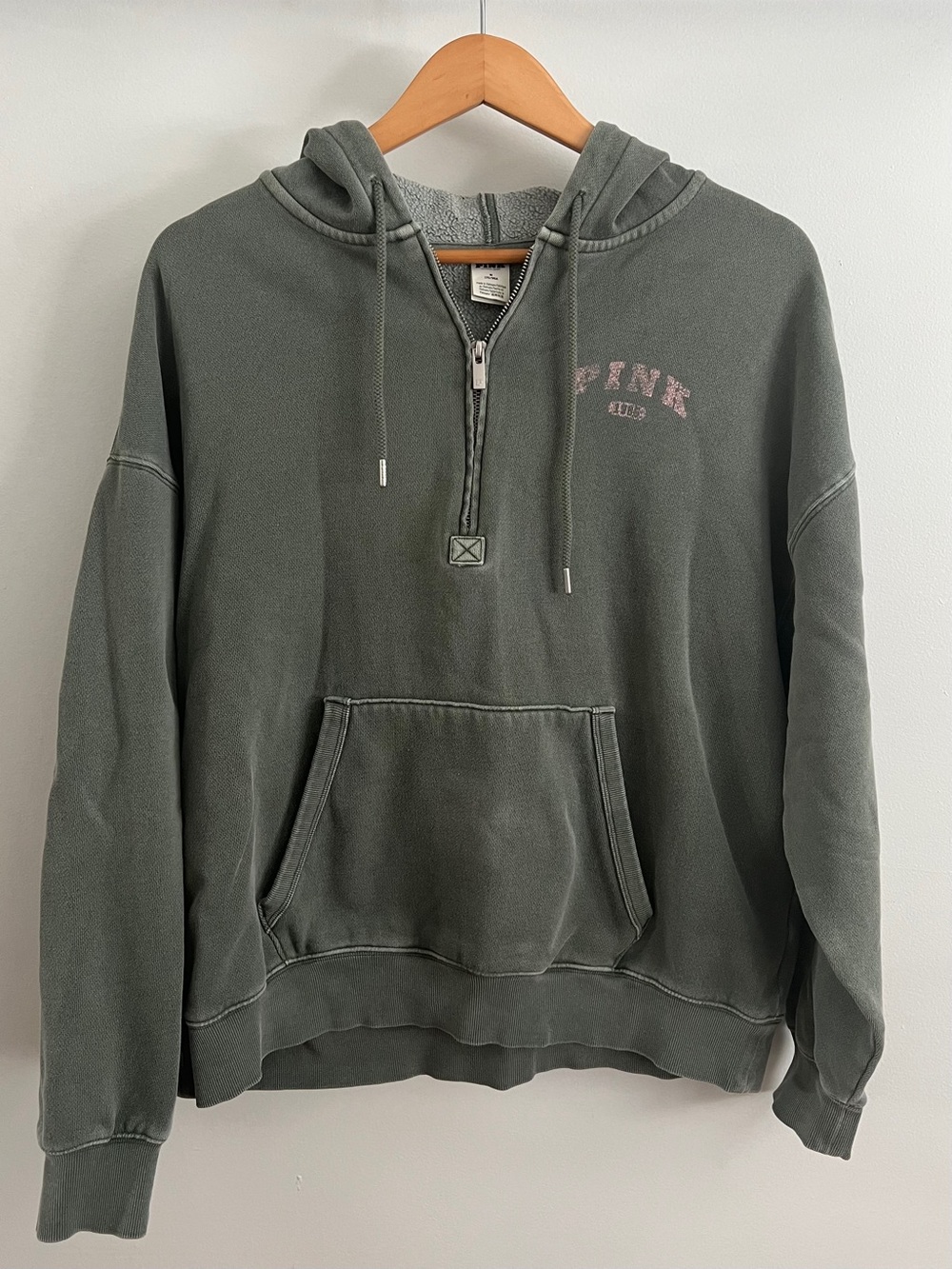 Victoria's Secret PINK Olive Green Half-Zip Hoodie with Pink Logo